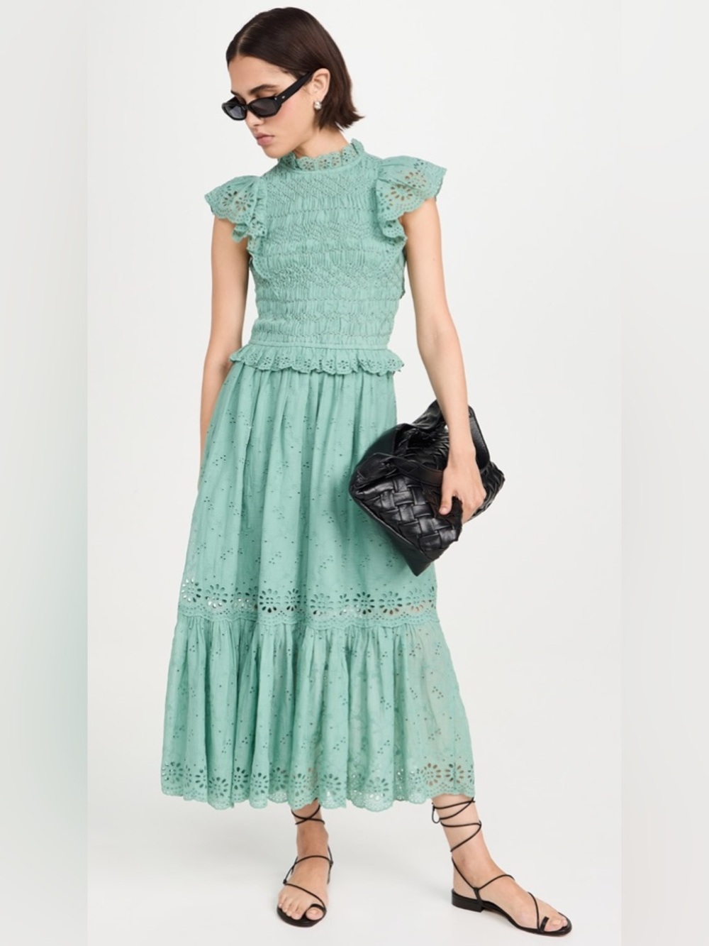Sea New York Veronique Embroidery Flutter Dress in Sage Green XL